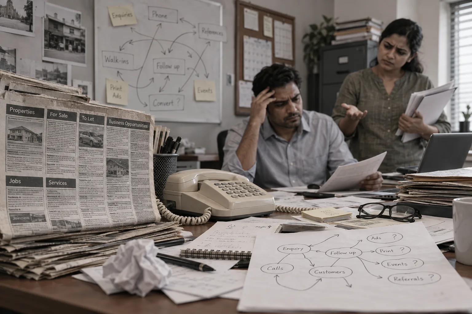 A dull workplace struggling with newspaper advertising, landline calls and scattered processes